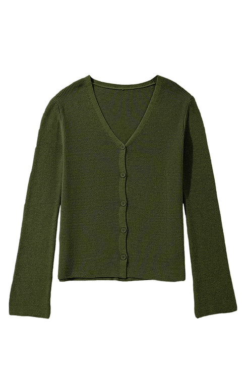 Lightweight Ribbed Knit Button Front V Neck Cardigan